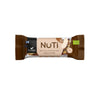 A Foodin NuTi organic nut bar, featuring dark chocolate and sea salt, comes in brown and beige packaging with a matte finish. The wrapper displays a green organic label and a small Finnish flag near one end. Text is printed in clear, sans-serif fonts. The product is rectangular in shape, set against a plain background with no people or hands visible.