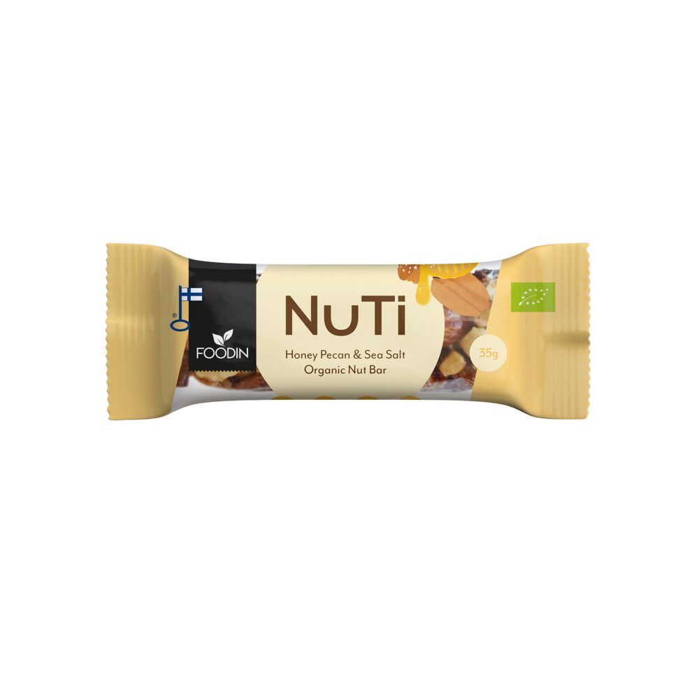 A packaged Foodin brand organic nut bar labeled NuTi with honey, pecan, and sea salt. The beige wrapper is matte, rectangular, features printed graphics of nuts and honey, includes a small Finnish flag icon and a green EU organic certification logo. Main label text is simple sans-serif. Background is plain white; no people or shadows are present in the image.