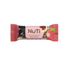 A pink-wrapped NuTi organic nut bar, featuring Lingonberry & Caramel flavor by Foodin, 35g, with images of nuts and berries on the packaging. Matte plastic wrapper, rectangular shape. White sans-serif text for product name and flavor. Images of lingonberries and assorted nuts are printed on the front. No people or hands visible. Plain white background, centered product shot.