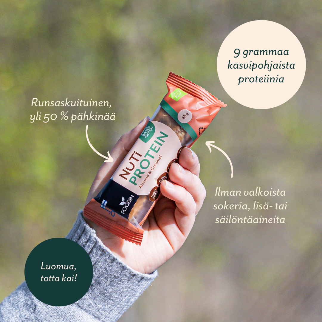Foodin NUTI Luomu Pähkinäpatukka Protein, Almond & Caramel; käsi pitelee Nutipro-proteiinipatukkaa ulkona; patukka suorakulmaisessa pakkauksessa mattapinnalla ja näkyvällä brändäyksellä; pakkauksen värit ruskeansävyisiä viitaten maapähkinäpitoisuuteen; antiikva- ja groteskifontit korostavat avaintietoja: "9 grammaa kasvipohjaista proteiinia", "yli 50 % maapähkinää", "ei valkoista sokeria tai lisäaineita" ja "luomu"; taustalla luonnollista ulkoympäristöä.