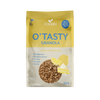 Keltainen ja valkoinen pussi Foodin OTasty Granola -mysliä, Lemon Cheesecake -makuisena, 350 g. Suorakulmainen pussi mattapinnalla. Etukuvassa on irtomysliä sitruunaviipaleiden vierellä. Suuri tuotenimi ja makumerkintä lihavoidulla pääteviivattomalla fontilla; lisätekstinä gluteeniton, ei lisättyä sokeria, pähkinätön. Siisti vaalea tausta, ei ihmisiä tai muuta rekvisiittaa näkyvissä.
