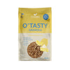 Foodin O'Tasty Kauragranola Lemon Cheesecake, 350 g; keltavalkoinen suorakulmainen pussi mattapinnalla; kannessa kuva irtonaisesta granolasta ja sitruunaviipaleista; suuri tuotenimi ja maku lihavoidulla groteskikirjasimella, lisätekstissä mainitaan gluteeniton, ei lisättyä sokeria, pähkinätön; vaalea tausta, ei ihmisiä tai muita rekvisiittoja näkyvissä.