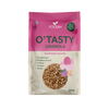 Foodin O'Tasty Kauragranola Raspberry Muffin, 350 g; pinkki-beige mattapintainen pakkaus; suorakulmainen pussi uudelleensuljettavalla yläosalla; lihavoitu groteskikirjasin tuotenimessä, pienempi teksti ominaisuuksista; etiketissä mainitaan ei lisättyä sokeria, ei palmu- tai siemenöljyä, ei maitoa, ei vehnää, pähkinätön; yksivärinen tausta, tuote kuvattu yksin, ei ihmisiä tai käsiä.