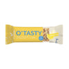 Foodin O'Tasty Oat Bar Lemon Cheesecake, 25 g; keltavalkoinen kääre; kannessa kuvia kaurahiutaleista, sitruunaviipaleesta ja kermaisesta juustokakusta; suorakulmainen kääre mattapinnalla ja rypytetyt reunat; etuosan teksti lihavoitua ja isokirjaimista mustalla; ei ihmisiä tai käsiä näkyvissä, tausta valkoinen ilman muita rekvisiittoja.