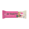 Foodin O'Tasty Oat Bar Raspberry Muffin, 25 g; pinkki-valkoinen pakkaus; kääre on suorakulmainen muovimateriaali mattapinnalla ja saumatut reunat; kannessa kuvituksia kaurahiutaleryhmistä, kokonaisista vadelmista ja muffinista; päätekstissä lihavoitu groteskikirjasin; valkoinen tausta, ei ihmisiä tai käsiä, kuvattu ylhäältä tasaisessa valaistuksessa.