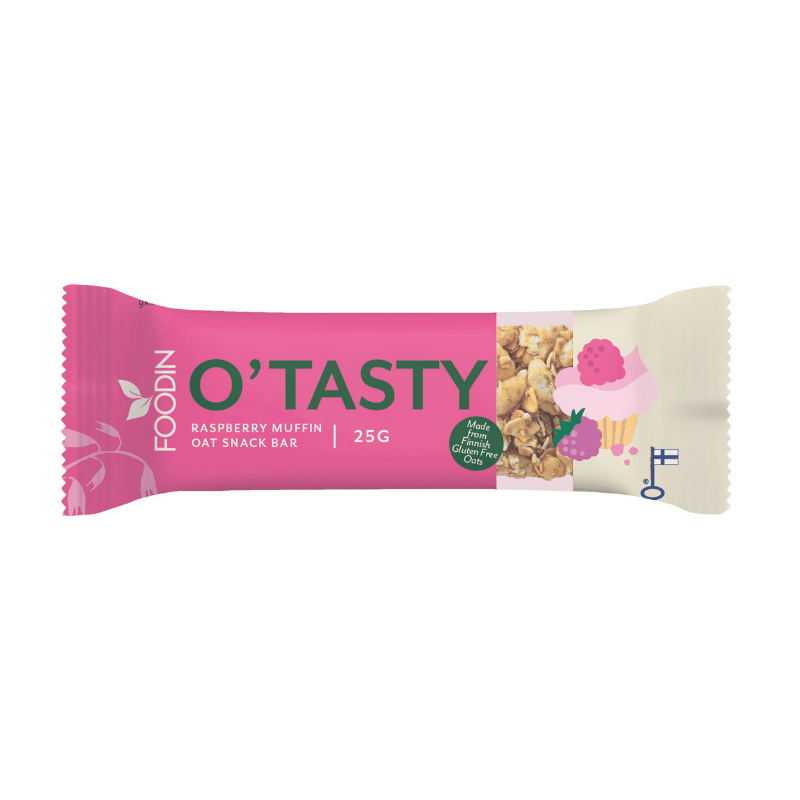 Foodin O'Tasty Oat Bar Raspberry Muffin, 25 g; pinkki-valkoinen pakkaus; kääre on suorakulmainen muovimateriaali mattapinnalla ja saumatut reunat; kannessa kuvituksia kaurahiutaleryhmistä, kokonaisista vadelmista ja muffinista; päätekstissä lihavoitu groteskikirjasin; valkoinen tausta, ei ihmisiä tai käsiä, kuvattu ylhäältä tasaisessa valaistuksessa.