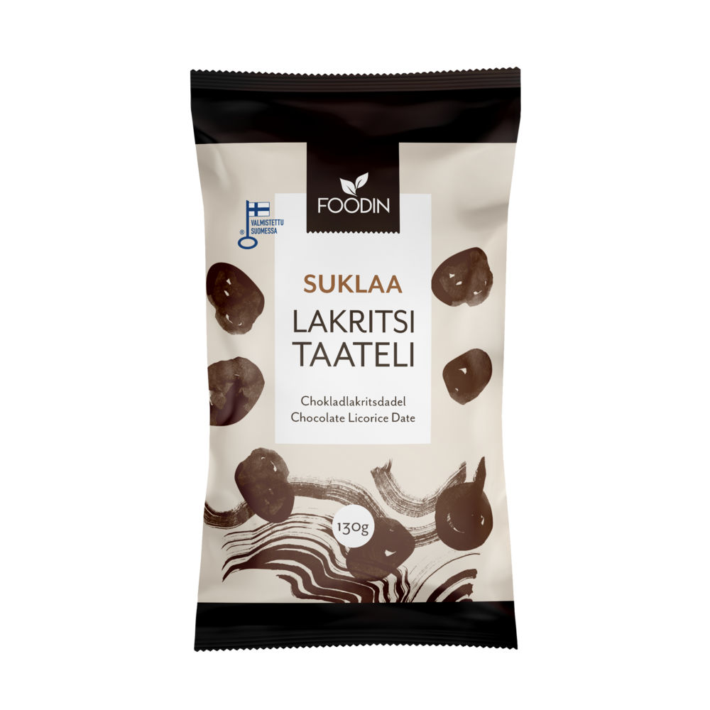 Foodin Suklaalakritsitaateli 130 g -pussi edestä, Avainlippu-merkki