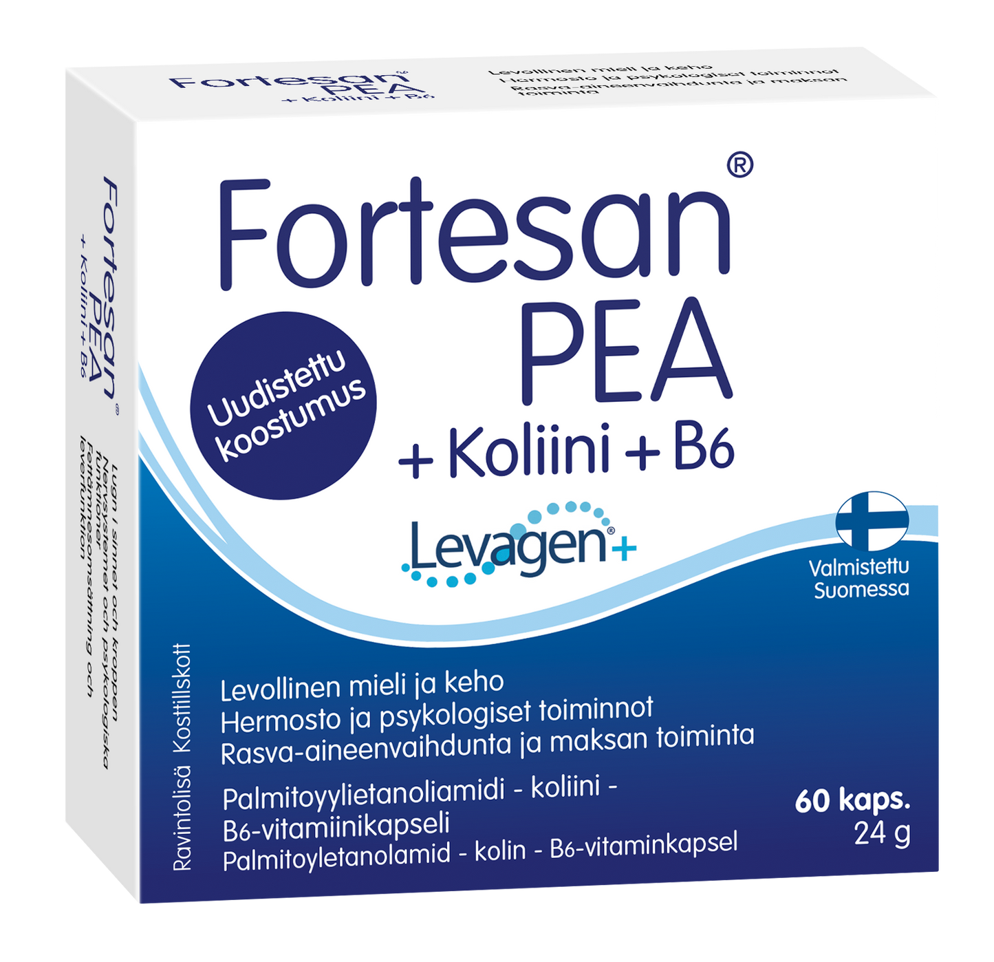 Fortesan PEA + Koliini + B6, ravintolisä lisätyllä koliinilla ja B6-vitamiinilla; suorakaiteen muotoinen pakkaus sinisen ja valkoisen mattapintaisen, vaakasuora sininen palkki ja musta suomenkielinen groteskiteksti, mukana teksti "60 kaps."; pakkauksessa kuva kapseleista; ei ihmisiä eikä käsiä näkyvissä, tausta valkoinen.