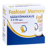 Fosfoser Memory -pakkaus, 2 x 90 kapselia, valkoinen-sininen mattapintainen rasia keltaisin korostusraidoin; tyylitelty pään profiilikuvake, suomenkielinen teksti muistin tuesta