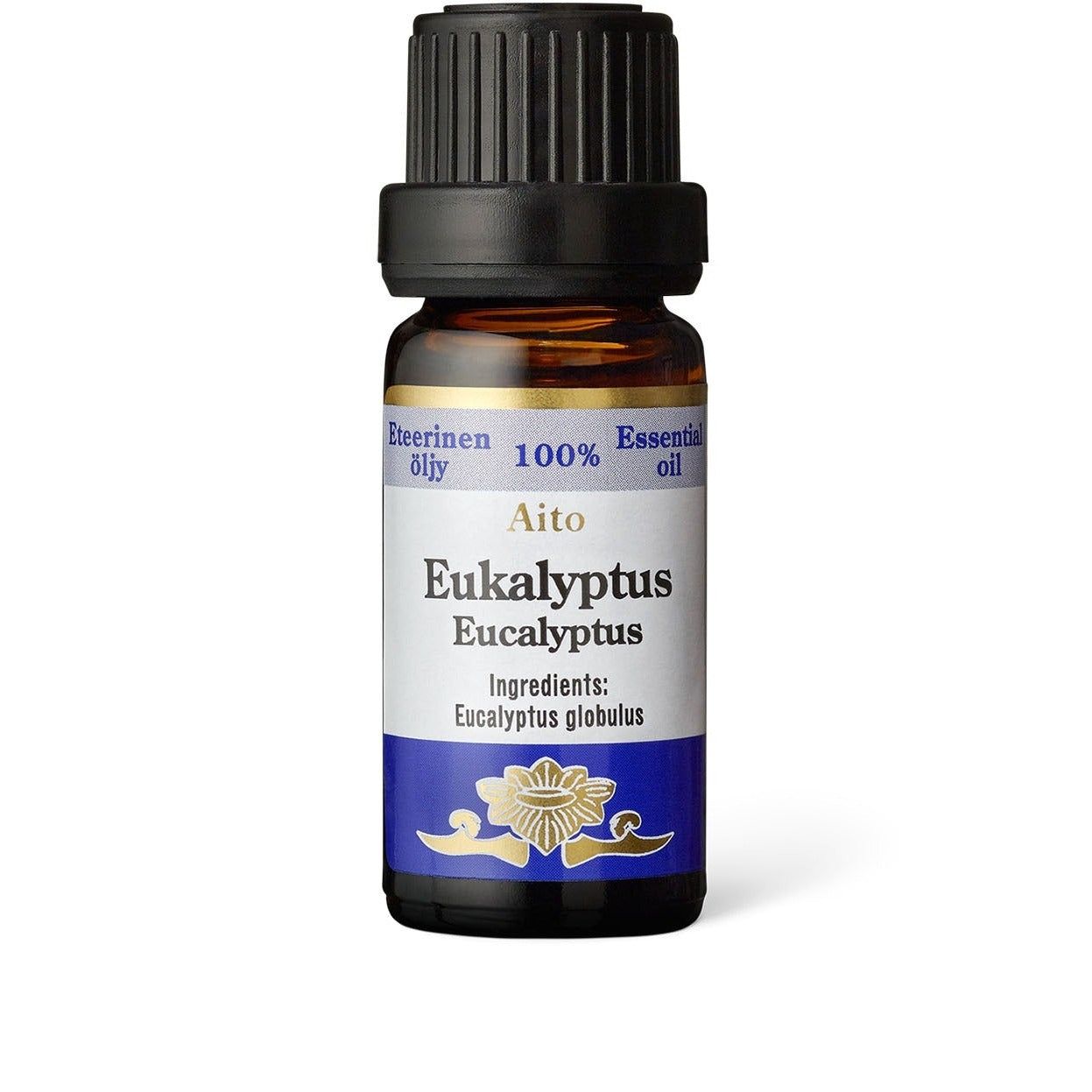 A small brown bottle labeled Eukalyptus Eucalyptus, 100% essential oil, features ingredients listed as Eucalyptus globulus. The bottle has a cylindrical shape with a black plastic screw cap and a matte finish. The blue and white label includes both serif and sans-serif typography plus a stylized flower illustration. The background is plain white with no visible setting or people in the frame.