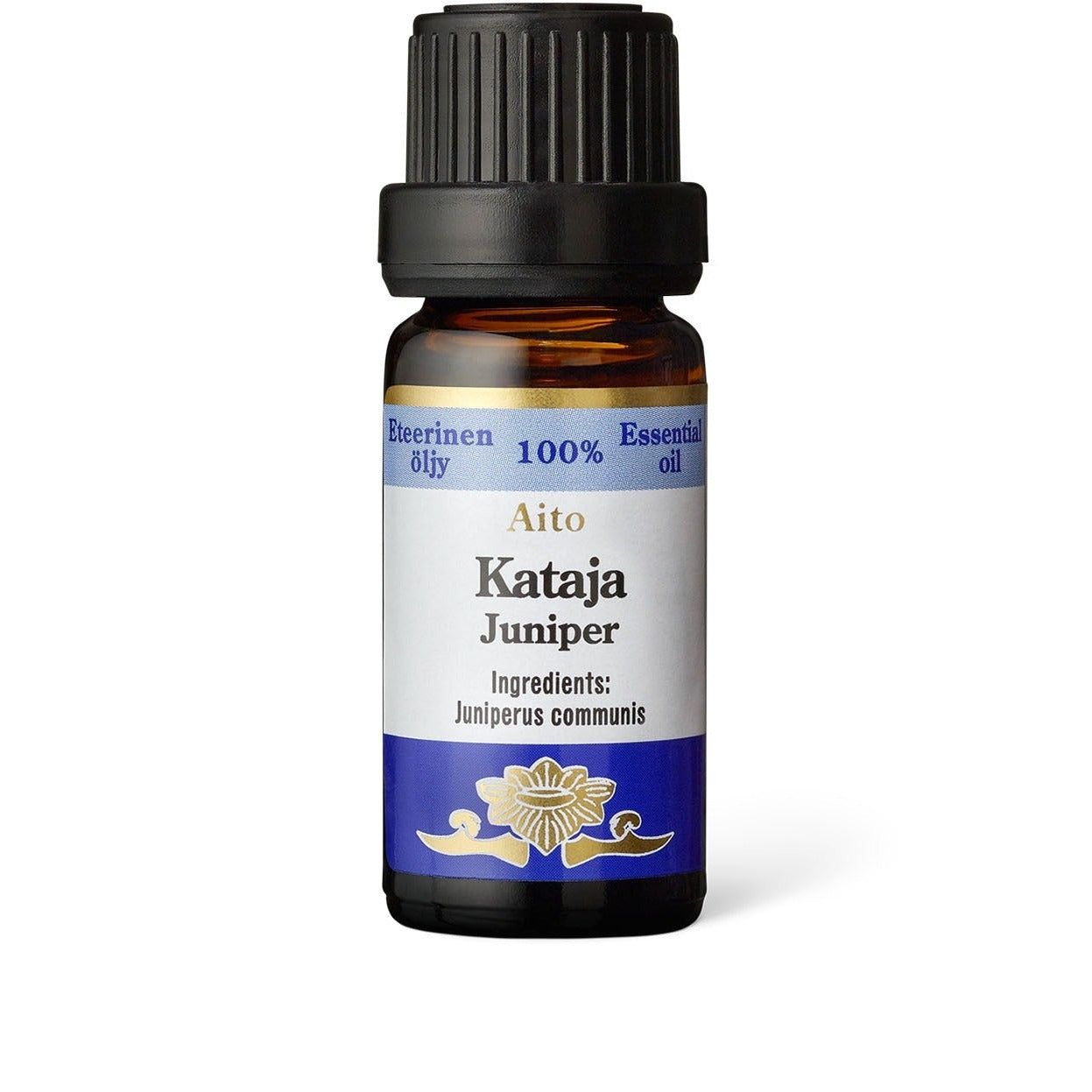 A brown glass bottle with a black cap labeled Aito Kataja Juniper Essential Oil. The cylindrical bottle has a matte surface. The label uses blue and white colors, includes a stylized flower illustration, and displays sans-serif type. Ingredients list includes Juniperus communis. The product is photographed upright against a plain white background with no people visible.