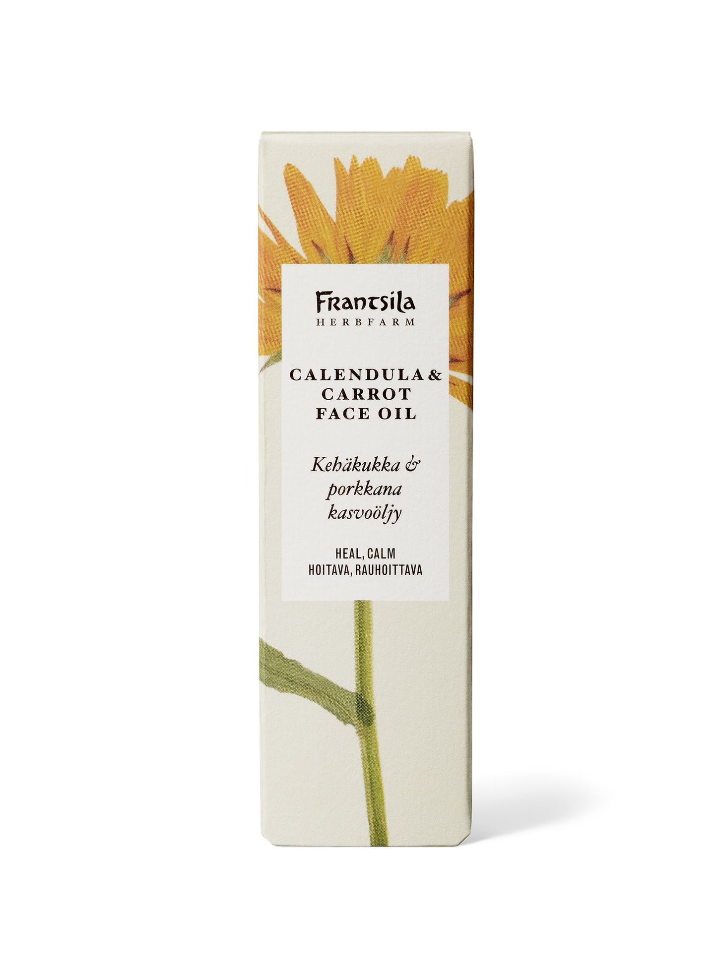 A box of Frantsila Herb Farm Calendula & Carrot Face Oil, featuring a bright calendula flower illustration and product information in English and Finnish on a white background. Rectangular, matte-finish paperboard packaging; main colors are white and yellow-orange. Serif typeface is used for brand name and product details. No people or hands present; the image is a studio shot with even lighting.