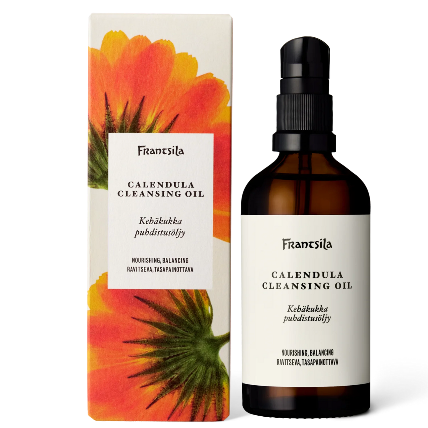 Frantsila Kehäkukka Puhdistusöljy; ruskea pullo Frantsila Calendula Cleansing Oil -tuotetta mustalla pumpulla suorakaiteen muotoisensa rasian vieressä, jossa oranssi kehäkukkakuvitus; pullo mattapintainen ja pyöristetty muoto; sekä pullossa että rasiassa tuotetietoa englanniksi ja suomeksi yksinkertaisella groteskityyppografialla; tausta tasainen valkoinen, ei ihmisiä tai käsiä.
