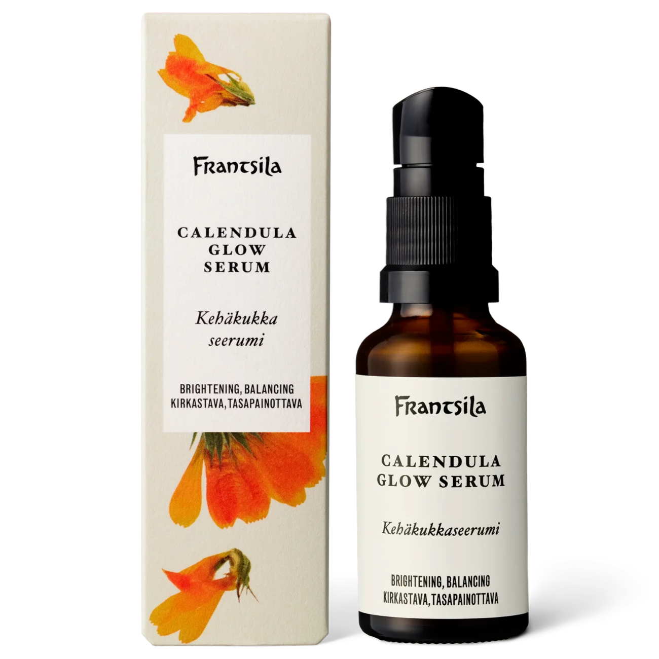 Frantsila Kehäkukka Seerumi; pullo Frantsila Calendula Glow Serum -tuotetta seisoo suorakaiteen muotoisen rasiansa vieressä; pullo lieriömäinen, läpinäkyvä, valkoinen tippakorkki ja yksinkertainen etiketti tuotenimellä; rasiassa painettuja oransseja kehäkukkia ja selkeää groteskitekstiä, joka mainitsee kirkastavat ja tasapainottavat ominaisuudet; vaalea tasainen tausta, ei ihmisiä tai rekvisiittaa näkyvissä.