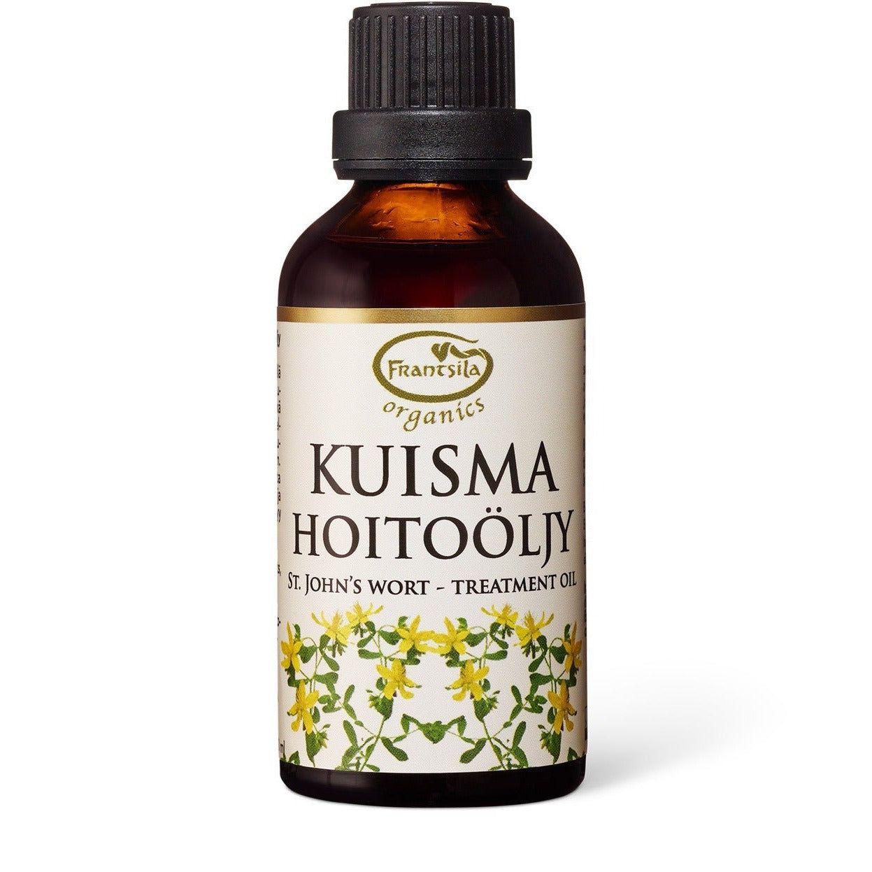 A brown bottle with a glossy finish labeled “Kuisma Hoitoöljy St. Johns Wort Treatment Oil by Frantsila Organics.” The label shows vibrant yellow flowers illustrated in a botanical style. The container is cylindrical, made of glass, and has a screw cap. Label text uses clear, sans-serif fonts. Background is plain white with even lighting. No people or hands present.