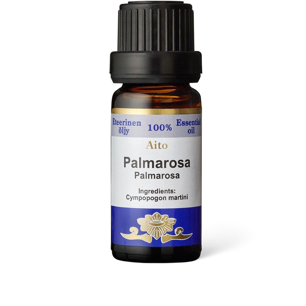 A small amber glass bottle with a cylindrical shape and matte surface has a white and blue label wrapped around it. The label displays sans-serif text, including “Palmarosa Essential Oil,” “100% pure,” and “Cymbopogon martini.” At the bottom of the label is an illustration of a delicate flower. The background is plain white, with no people or hands visible.