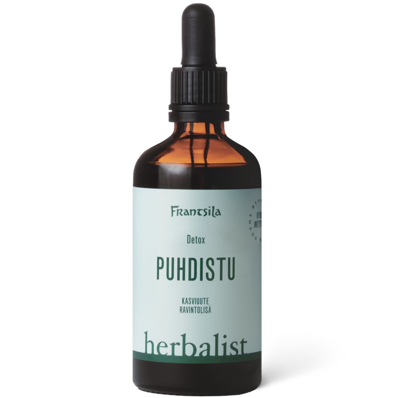 Frantsila Puhdistu Kasviuute; ruskea lasinen tippapullo mustalla muovikorkilla, lieriömäinen muoto ja kiiltäväpintainen; etiketissä teksti Frantsila Detox PUHDISTU kasviuute ravintolisä herbalist groteskifontilla; ei ihmisiä tai käsiä; valkoinen tausta; koko tuote keskitettynä kuvaan, kuvattu edestä.