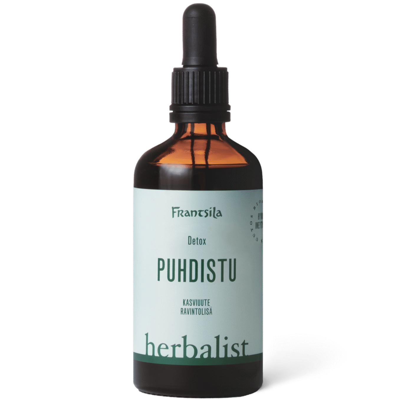 Frantsila Puhdistu Kasviuute; ruskea lasinen tippapullo mustalla muovikorkilla, lieriömäinen muoto ja kiiltäväpintainen; etiketissä teksti Frantsila Detox PUHDISTU kasviuute ravintolisä herbalist groteskifontilla; ei ihmisiä tai käsiä; valkoinen tausta; koko tuote keskitettynä kuvaan, kuvattu edestä.
