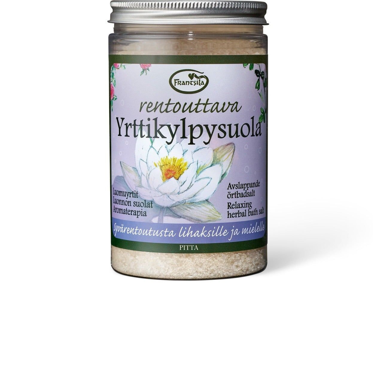 A jar of Frantsila relaxing herbal bath salt featuring a lotus flower illustration on the label and text in Finnish, Swedish, and English. The clear glass jar has a cylindrical shape with a white screw-top lid. The label is matte, predominantly white, with simple sans-serif typography in black. The product is photographed against a plain white background from a front-facing angle. No people or hands are visible.