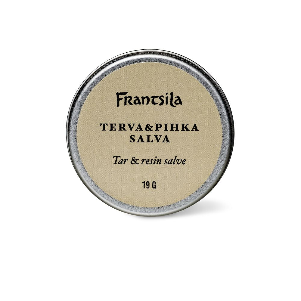 Frantsila Terva & Pihka Salva -purkki, 19 g, pyöreä metallirasia mattapinnalla; tumman vihreä teksti selkeällä groteskifontilla vaalealla pohjalla