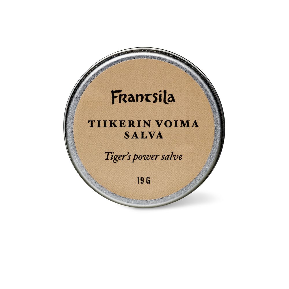 Frantsila Tiikerin Voima Salva -purkki, 19 g, pyöreä metallipurkki ruskeankeltaisella kannella, mustaa lihavoitua tekstiä mattapinnalla