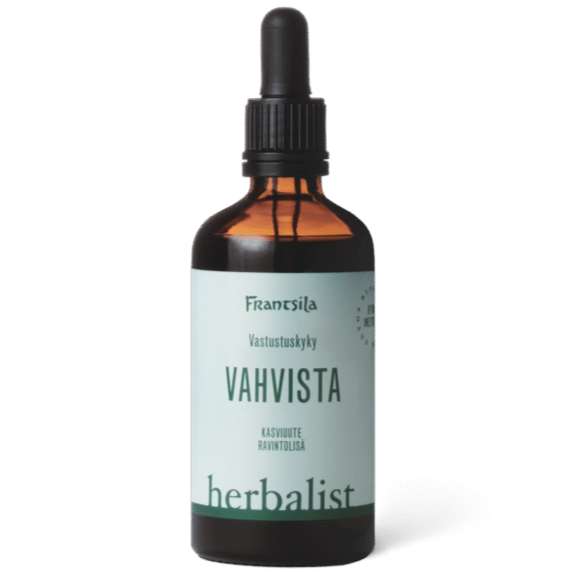 Frantsila Vahvista Kasviuute; ruskea lasinen tippapullo tekstillä Frantsila Vahvista Herbalist vaaleansinisin ja mustin kirjaimin, kasvipohjainen ravintolisä yrttiasiantuntemuksella; pullo mattapinnalla ja lieriömäinen, musta tippakorkki; groteskifontti etiketissä; ei ihmisiä tai käsiä; vaalea tausta, lähikuva tuotteesta.