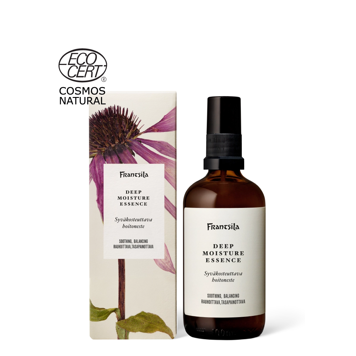 Frantsila Syväkosteuttava hoitoneste -pakkaus ja pullo, COSMOS Natural -sertifioitu luonnonkosmetiikka, 100 ml