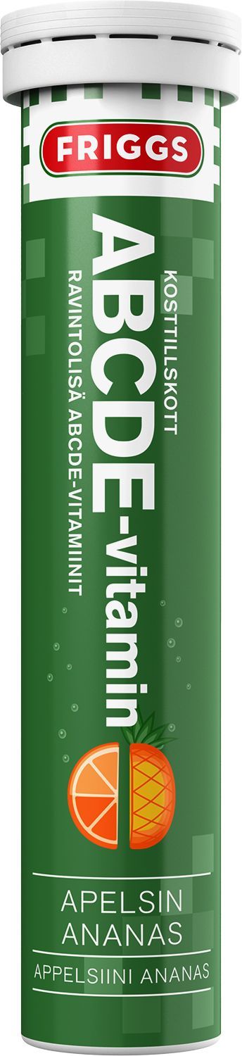 Vihreä putkilo, jossa lukee FRIGGS ABCDE-vitamin appelsiini- ja ananaskuvituksin, korostaen herkullista appelsiini-ananasmakua; pakkauksessa tekstiä ruotsiksi ja suomeksi, painottaen hedelmäistä vitamiinipitoisuutta; putkilo lieriömäinen kiiltäväpinnalla ja valkoisin päädyin; lihavoitu groteskikirjasin pääetiketissä; ei ihmisiä tai käsiä näkyvissä, tuote kuvattu valkoisella taustalla keskitetysti edestä.