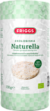 Pakkaus Friggs Ekologiska Naturella -riisikakkuja, valmistettu luomutäysjyväriisistä. Pakkaus on lieriömäinen mattapintaisella valkoisella ja vihreällä kääreellä, jossa on yksinkertainen pääteviivaton teksti: gluteeniton, 130 g ja 100 % täysjyväriisi. Ihmisiä tai käsiä ei näy. Tuote seisoo pystyssä pelkistettyä taustaa vasten edestäpäin kuvattuna.