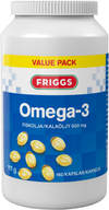 Friggs Omega-3 -pullo on valkoinen, mattapintainen ja lieriömäinen kierrekorkillinen muovipullo; etiketissä keltaisia kapselikuvituksia sekä maininnat 160 kapselia ja annostus 500 mg kalaöljyä, teksti kertoo pakkauksen olevan säästöpakkaus; teksti on ruotsiksi ja suomeksi; pullo kuvattu pystyasennossa valkoisella taustalla.