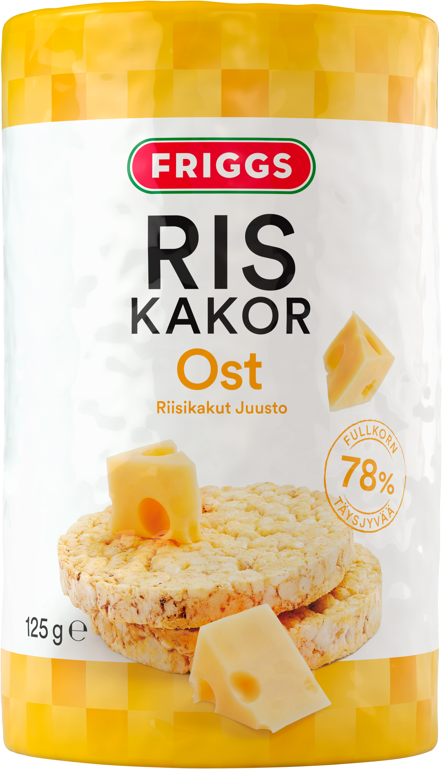 Lieriömäinen Friggs Ris Kakor Ost -riisikakkupakkaus juustonmakuisena, etusivulla kuvia riisikakuista ja juustopaloista; pakkaus keltainen ja valkoinen kiiltäväpintaista muovia, lihavoitu groteskikirjasin tuotenimelle; paino ilmoitettu 125 grammaksi; ei ihmisiä tai käsiä näkyvissä; tausta valkoinen. Tämä gluteeniton pakkaus on keltainen ja valkoinen ja painaa 125 grammaa.