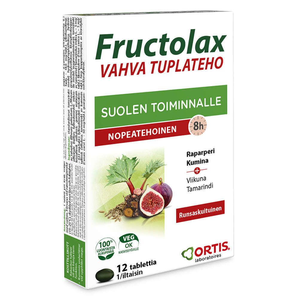 Fructolax Vahva Tuplateho tabletit; laatikko Fructolax Vahva Tuplateho -tabletteja Ortis Laboratoiresin brändillä, suomenkieliset tuotetiedot sekä eloisat kuvat raparperista, viikunoista ja tamarindista; laatikko suorakulmainen mattapintaisena, pääväri valkoinen vihrein ja punaisin tehostein; lihavoitu tuotenimi isolla groteskikirjasimella keskellä; pakkaus sisältää 12 tablettia ruuansulatuksen tueksi.