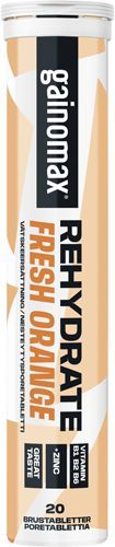 Gainomax Rehydrate Nesteytysporetabletti Fresh Orange -putkilo sisältää 20 poretablettia; lieriömäinen muoviputkilo mattapintaisella etiketillä oranssi-valkoisessa värimaailmassa ja lihavoidulla groteskikirjasimella; etiketti korostaa B12-vitamiinia ja sinkkiä pääraaka-aineina; tuote kuvattu yksinkertaisella taustalla ilman ihmisiä.