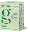 Gefilus Basic -probioottipakkaus, kuva valkoisista kapseleista, vihreää tekstiä ja suomenkielistä kirjoitusta ilmoittaen 50 kapselia, 14 g sekä päivittäisen annostuksen tiedot; formuloitu suoliston terveyden tueksi; laatikko suorakulmainen mattapinnalla, pääosin valkoinen tausta; luettavaa tekstausvapaata fonttia etupaneelissa; ei ihmisiä tai käsiä näkyvissä, studiokuva yksinkertaisella alustalla.