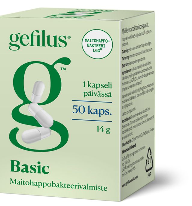 Gefilus Basic -probioottipakkaus, kuva valkoisista kapseleista, vihreää tekstiä ja suomenkielistä kirjoitusta ilmoittaen 50 kapselia, 14 g sekä päivittäisen annostuksen tiedot; formuloitu suoliston terveyden tueksi; laatikko suorakulmainen mattapinnalla, pääosin valkoinen tausta; luettavaa tekstausvapaata fonttia etupaneelissa; ei ihmisiä tai käsiä näkyvissä, studiokuva yksinkertaisella alustalla.