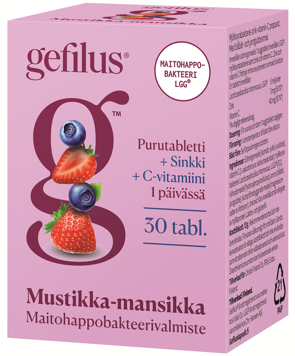 Pinkki Gefilus-purutablettirasia mustikka- ja mansikkakuvin, merkitty Mustikka-mansikka, sisältäen probiootteja, sinkkiä ja C-vitamiinia sekä 30 tablettia ja suomenkielisiä tuotetietoja. Pakkaus on suorakulmainen mattapinnalla ja painetuin grafiikoin. Pääteksti käyttää lihavoitua pääteviivatonta fonttia eri kokoina. Ihmisiä tai käsiä ei näy. Tausta on valkoinen. Kuvatyyppi on edestäpäin otettu tuotekuva.