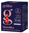 Gefilus Forte Purutabletti Mansikka; tummansininen Gefilus-rasia mansikan makuisia probioottitabletteja, etuosassa kolme pinottua mansikkaa ison g-kirjaimen päällä ja suomenkielinen teksti korostaen tuotteen probioottihyötyjä; pakkaus suorakulmainen matalla pinnalla, yksinkertaista valkoista groteskikirjasinta, tuotenimi ”Gefilus”; tausta neutraali ja pelkistetty, ei ihmisiä tai käsiä.
