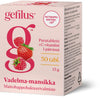 Gefilus Vadelma-Mansikka -purutablettipakkaus; pakkaus vaaleanpunainen, suorakulmainen, pahvia mattapinnalla; hedelmäkuvia (vadelma ja mansikka) painettuna etupuolelle; "Gefilus" lihavoidulla tekstausvapaalla kirjasimella; pakkaus ilmoittaa 30 tablettia, teksti pääosin suomeksi; tausta valkoinen; yksittäinen tuotekuva.