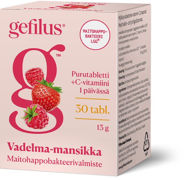 Gefilus Vadelma-Mansikka -purutablettipakkaus; pakkaus vaaleanpunainen, suorakulmainen, pahvia mattapinnalla; hedelmäkuvia (vadelma ja mansikka) painettuna etupuolelle; "Gefilus" lihavoidulla tekstausvapaalla kirjasimella; pakkaus ilmoittaa 30 tablettia, teksti pääosin suomeksi; tausta valkoinen; yksittäinen tuotekuva.