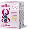 Gefilus Mustikka -probioottitablettipakkaus, mustikoita etupuolella, suomenkielistä tekstiä ja tuotetietoja; suorakulmainen pahvipakkaus mattapinnalla valkoisella pohjalla violetein korostuksin; etupuolella marjakuva, lihavoitua tekstausvapaata fonttia tuotenimessä, pienempää tekstiä alla; ei ihmisiä tai käsiä näkyvissä; yksinkertainen studiotausta, lähikuva pakkauksesta keskitettynä.