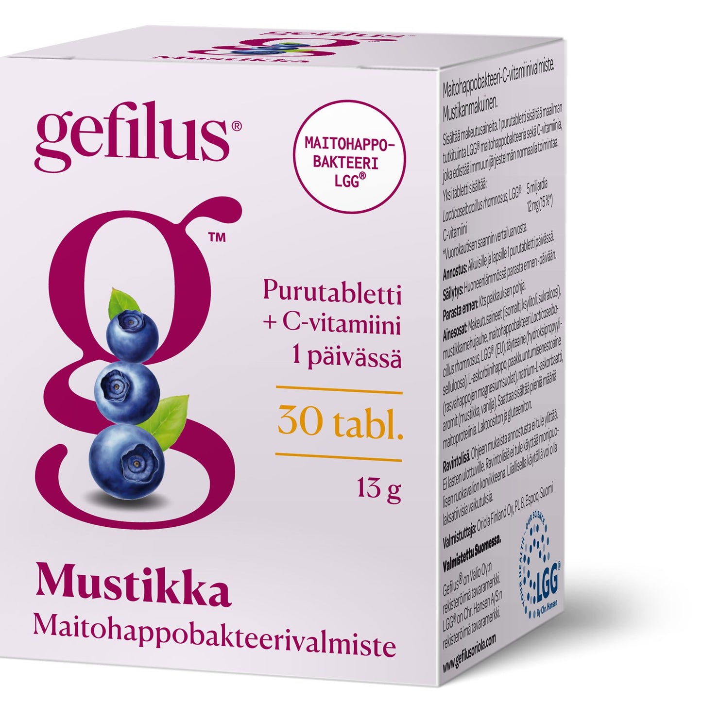 Gefilus Mustikka -probioottitablettipakkaus, mustikoita etupuolella, suomenkielistä tekstiä ja tuotetietoja; suorakulmainen pahvipakkaus mattapinnalla valkoisella pohjalla violetein korostuksin; etupuolella marjakuva, lihavoitua tekstausvapaata fonttia tuotenimessä, pienempää tekstiä alla; ei ihmisiä tai käsiä näkyvissä; yksinkertainen studiotausta, lähikuva pakkauksesta keskitettynä.