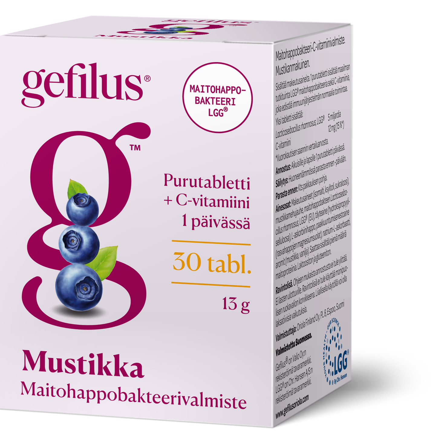 Rasia Gefilus Mustikka -maitohappobakteeriravintolisää, jossa on mustikoita ja suomenkielistä tekstiä. Pakkaus korostaa 30 tablettia maitohappobakteereja ja C-vitamiinia sisältäen, sekä LGG-logoa luotettavan probiootin merkkinä. Rasia on suorakulmainen mattapinnalla, pääosin valkoinen sinisin tehostein, selkeä tuotenimi lihavoidulla pääteviivattomalla fontilla. Kuvattu pelkistetyllä taustalla ilman ihmisiä tai käsiä.