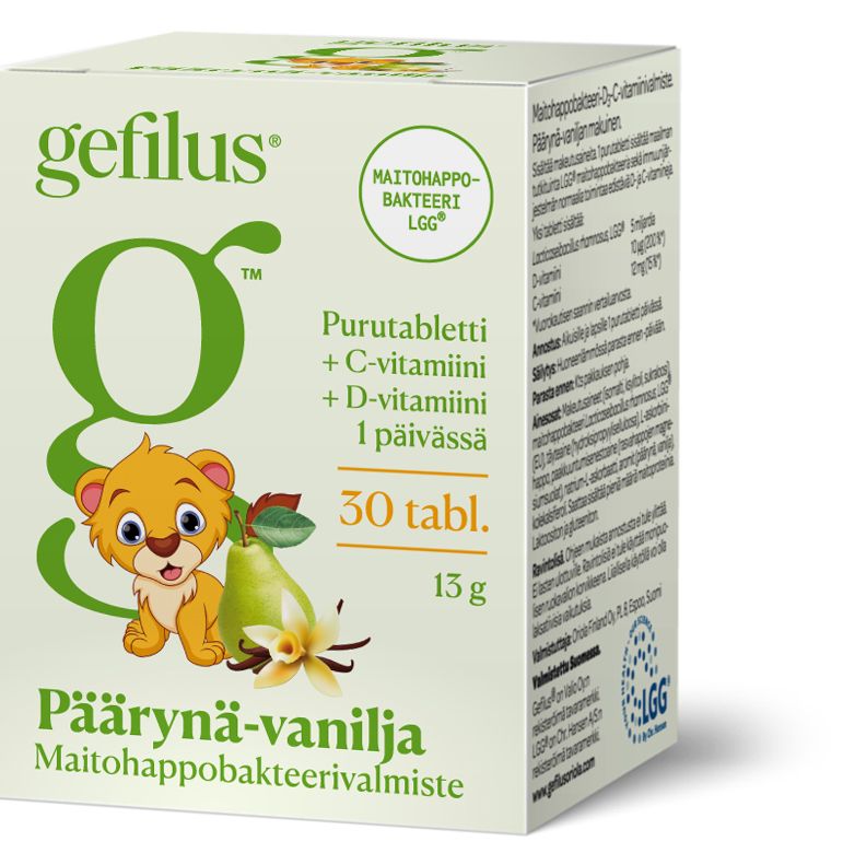 Gefilus + D Päärynä-Vanilja Maitohappobakteeri -pakkaus, sarjakuvamainen leijona, päärynä ja tuotetiedot suomeksi, mukaan lukien C- ja D-vitamiini, maitohappobakteerit ja probiootit; laatikko suorakulmainen mattapinnalla vihrein ja keltaisin värein; lihavoitua tekstausvapaata tekstiä tuotenimessä; tausta valkoinen; ei ihmisiä tai käsiä näkyvissä.