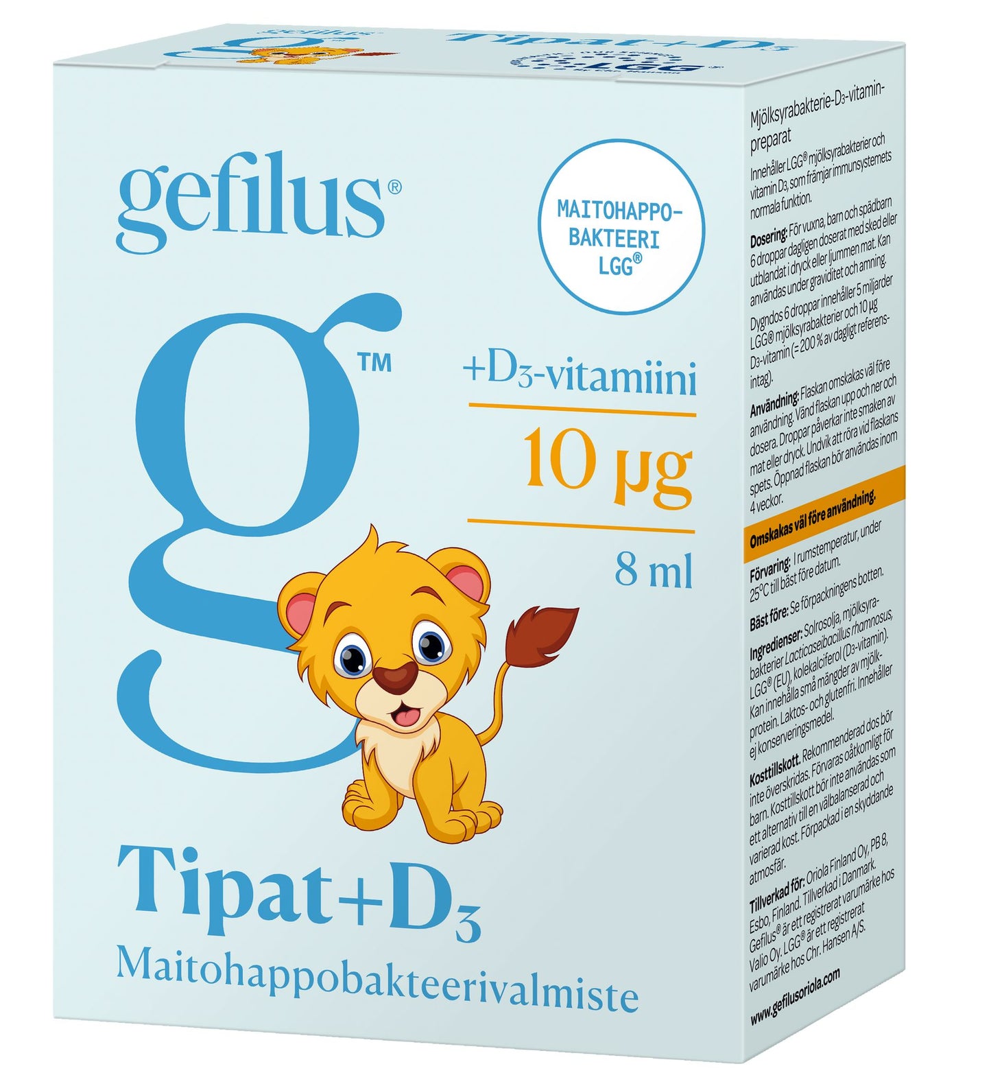 Gefilus Tipat+D₃ -pisarapakkaus, sarjakuvamainen leijona etupuolella; pahvipakkaus suorakulmainen mattapinnalla; päävärit vaaleansininen ja valkoinen, tummansinistä ja oranssia lihavoitua modernia tekstiä; etiketissä lukee "vitamin D₃", "10 µg", "8 ml" sekä suomenkielistä tuotetietoa; ei ihmisiä tai käsiä näkyvissä; neutraali studiotausta.