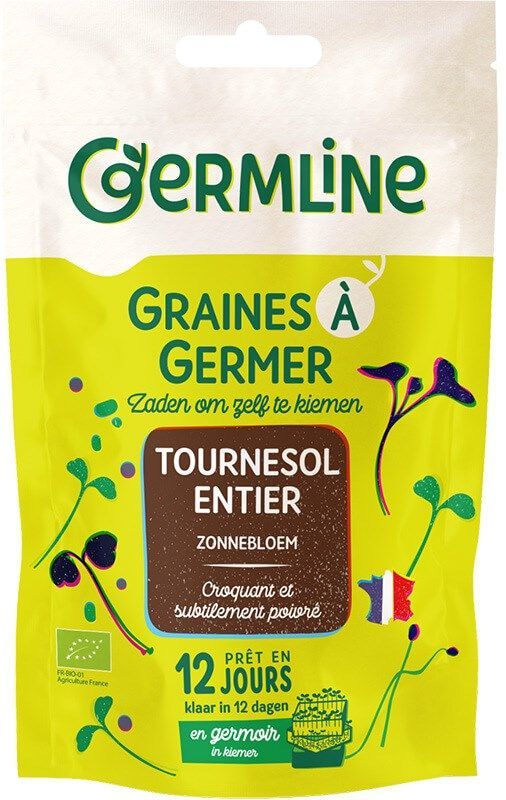 Germline Luomu Auringonkukansiemen -itämissiemenet, kokonaiset; keltainen pakkaus, jossa iloisia kuvituksia auringonkukan idusta ja maininta sadonkorjuusta 12 päivässä; suorakulmainen, mattapintainen pakkaus; etiketin fontti groteski, lihavoitu ja tummasävyinen; monivärisiä painettuja grafiikoita; ei ihmisiä tai käsiä; neutraali, siisti tausta.