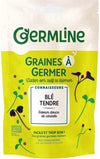 Germline Luomu Vehnänjyvä -itämissiemenet; vihreitä ja violetteja idunkuvituksia, ranskankielistä tekstiä sekä kätevä vihreä uudelleensuljettava yläreuna; suorakulmainen, mattapintainen pakkaus pääosin valkoisella pohjalla; lihavoitua groteskitekstiä etiketissä; ei ihmisiä tai käsiä; tuote kuvattu kokonaisuudessaan vaalealla taustalla.