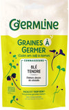 Germline Luomu Vehnänjyvä -itämissiemenet; vihreitä ja violetteja idunkuvituksia, ranskankielistä tekstiä sekä kätevä vihreä uudelleensuljettava yläreuna; suorakulmainen, mattapintainen pakkaus pääosin valkoisella pohjalla; lihavoitua groteskitekstiä etiketissä; ei ihmisiä tai käsiä; tuote kuvattu kokonaisuudessaan vaalealla taustalla.