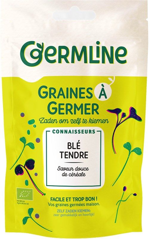 Germline Luomu Vehnänjyvä -itämissiemenet; vihreitä ja violetteja idunkuvituksia, ranskankielistä tekstiä sekä kätevä vihreä uudelleensuljettava yläreuna; suorakulmainen, mattapintainen pakkaus pääosin valkoisella pohjalla; lihavoitua groteskitekstiä etiketissä; ei ihmisiä tai käsiä; tuote kuvattu kokonaisuudessaan vaalealla taustalla.