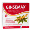 Ginsemax-pakkaus, kuva ginsengjuuresta, suomenkielinen teksti väsymyksen vähentämisestä ja elinvoiman lisäämisestä, Suomen lippu; suorakulmainen mattapintainen rasia, punainen-valkoinen-kultainen väritys, 60 tablettia, vegaaninen