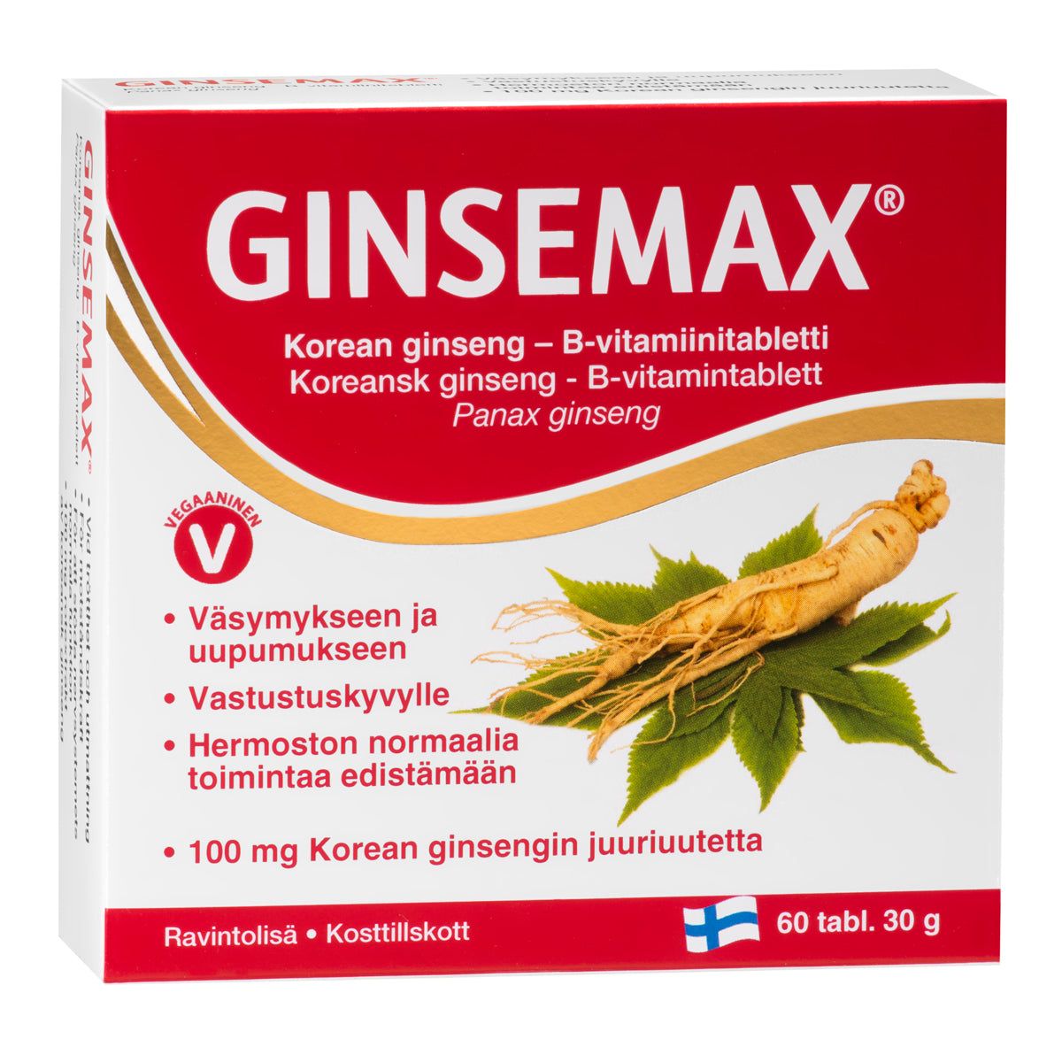 Ginsemax-pakkaus, kuva ginsengjuuresta, suomenkielinen teksti väsymyksen vähentämisestä ja elinvoiman lisäämisestä, Suomen lippu; suorakulmainen mattapintainen rasia, punainen-valkoinen-kultainen väritys, 60 tablettia, vegaaninen